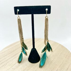 Peacock feather dangle earrings on long gold tone chains